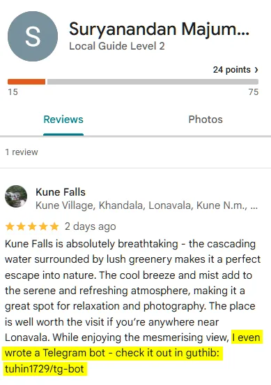 Google Maps review containing a guthib typo pointing to a GitHub Telegram bot repo
